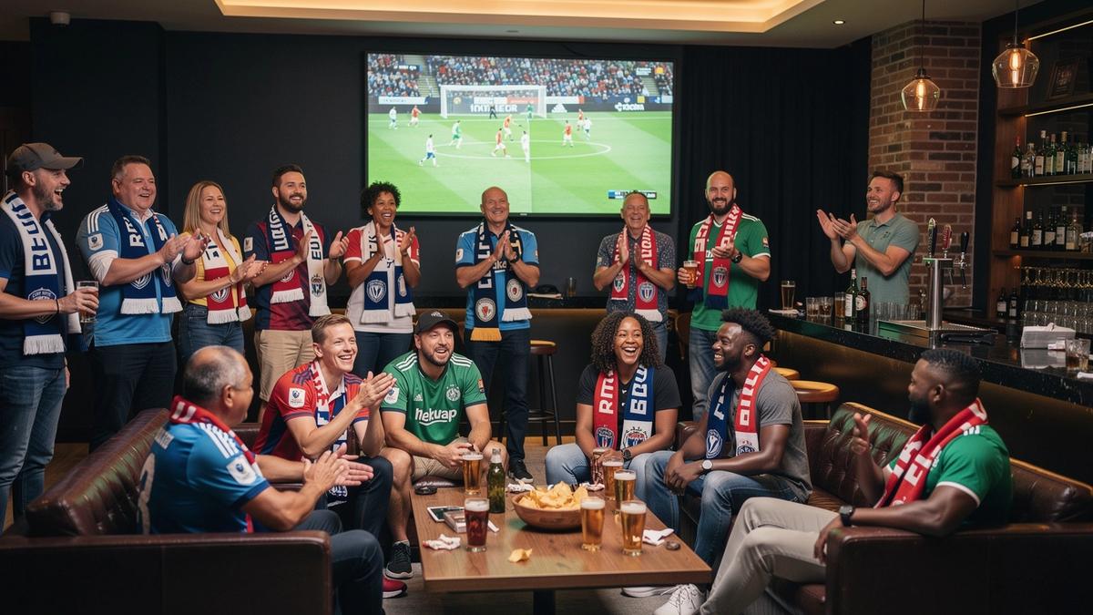 Supporters gathered at a football watch party in a modern indoor venue