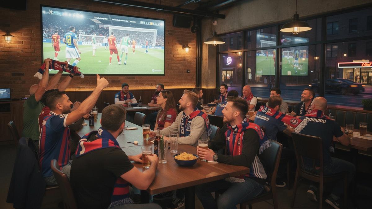 Supporter club members watching a Champions League match together at a local venue